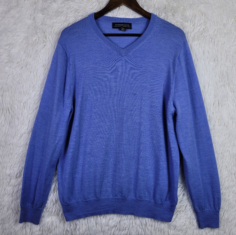 Harrison Davis Men's‎ V Neck Sweater Size Large 100% Merino Wool Light Blue